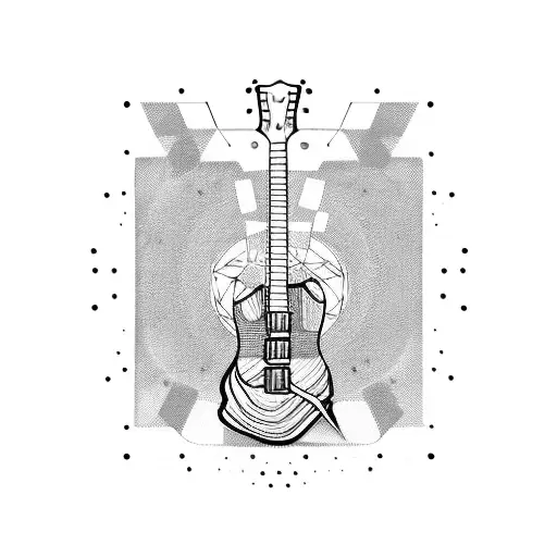Guitar with piano instead of strings, a mic in the head of guitar and a sol key included tattoo design idea