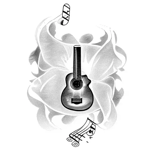 Guitar with piano instead of strings, a mic in the head of guitar and a sol key included tattoo design idea