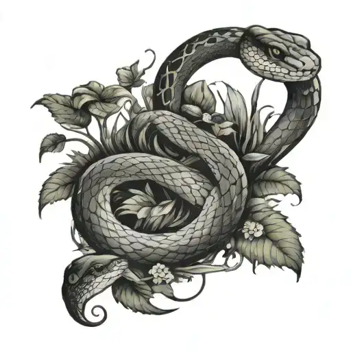 A black-grey tattoo of a plant lover snake winding through a forest with mushrooms tattoo design idea