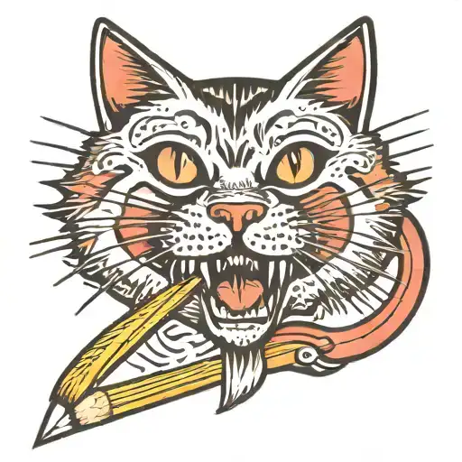 a cat biting a pencil tattoo design idea