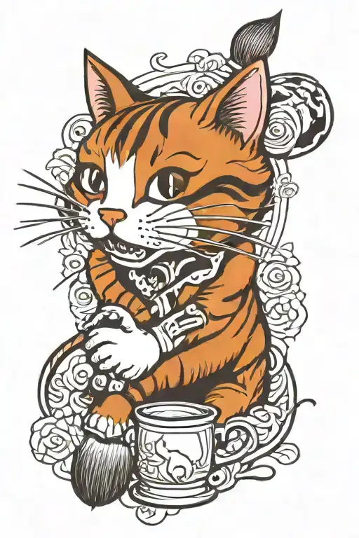 A cat biting a drawing paintbrush tattoo design idea