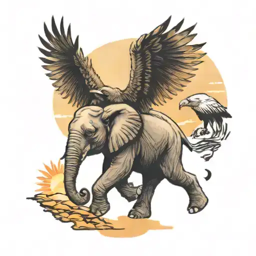 a baby elephant walking with a wolf towards a sunset and an eagle flying above them tattoo design idea