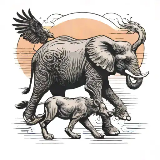 An elephant calf walking with a wolf towards a sunset, an eagle flying above them tattoo design idea