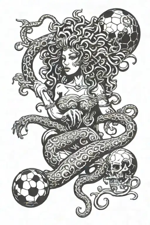 Sicilian Medusa with soccer ball, sewing needle, cigarette, Aquarius sign tattoo design idea