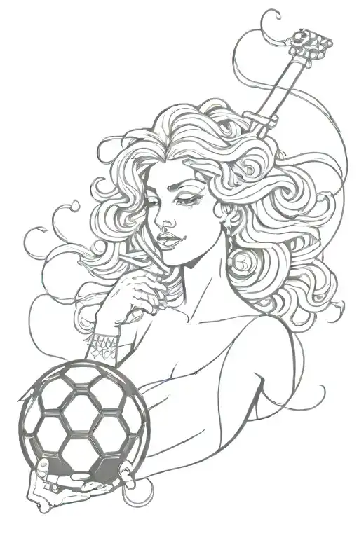Sicilian Medusa with soccer ball, cigarette, sewing needle tattoo design idea