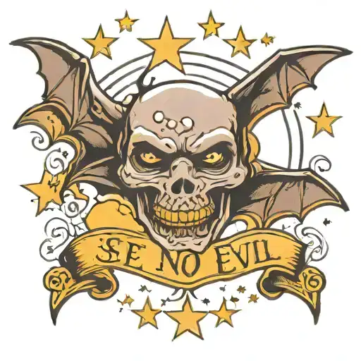 The words "See No Evil" with clouds around it, with bats and stars  tattoo design idea