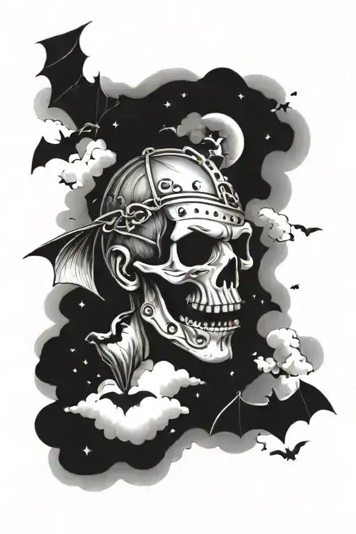 The words "See No Evil" with clouds around it, with bats and stars, gangster tattoo design idea