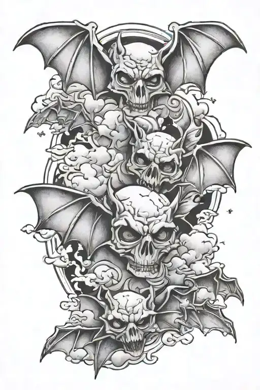 see no evil with bats, clouds, and stars  tattoo design idea