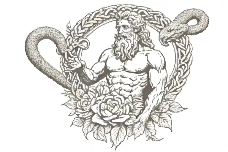 zeus, snake and flower tattoo design idea