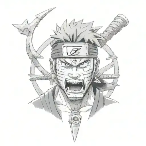 Zabuza Momochi from Naruto headshot with bloody kunai clenched in his teeth tattoo design idea