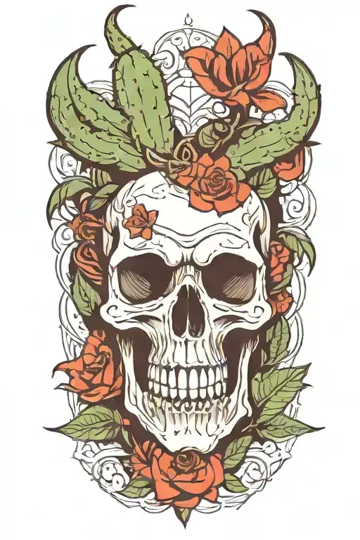 devil skull with cactus growing out of top tattoo design idea