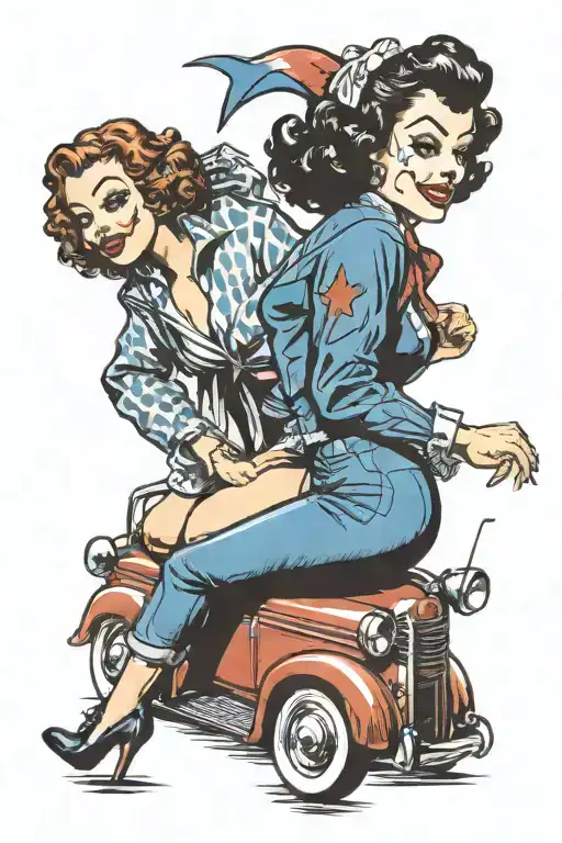 pin up clown girl bending over hood of clown car  tattoo design idea