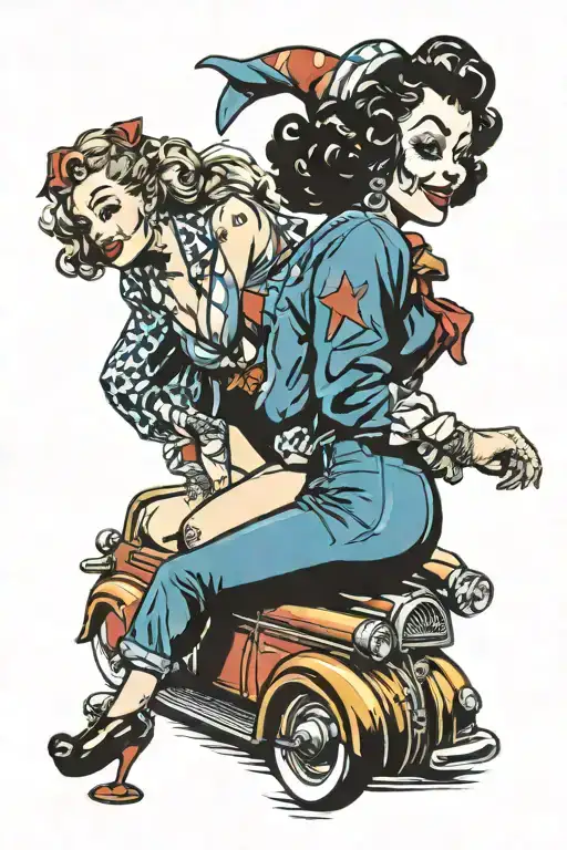 pin up clown girl bending over clown car  tattoo design idea