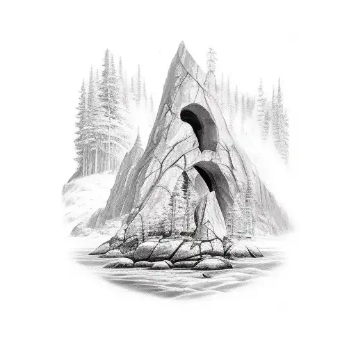 Black and white tattoo design of excalibur in the rock with forest in the background  tattoo design idea
