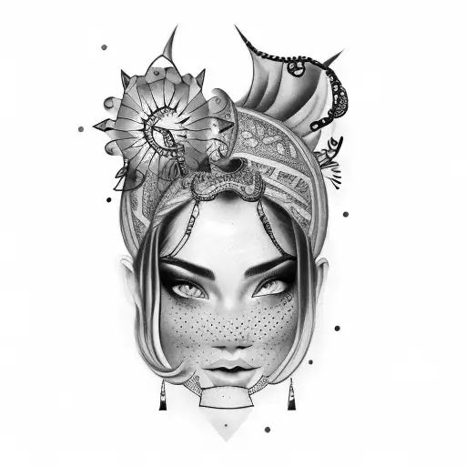  Blindfolded Fortune Goddess tattoo with scales, a septum, and freckles tattoo design idea