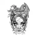  Blindfolded Fortune Goddess tattoo with scales, a septum, and freckles tattoo design idea