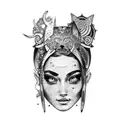  Blindfolded Fortune Goddess tattoo with scales, a septum, and freckles tattoo design idea