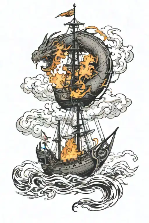 A small boat on fire with a ashen dragon around the mast tattoo design idea