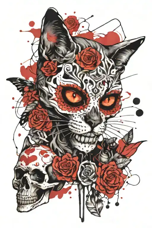 cat, skull, day of the dead tattoo design idea