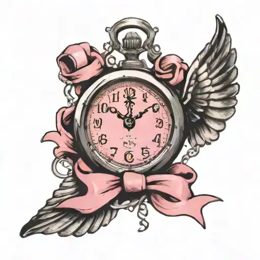 A surrealistic composition of a clock melting into a pink ribbon, symbolizing the importance of time and perseverance in overcoming breast cancer tattoo design idea