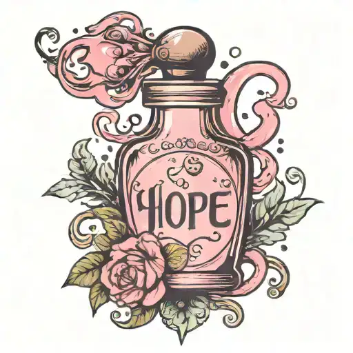 A whimsical design of a magical potion bottle filled with pink liquid and labeled 'Hope', representing the power of positivity in the fight against breast cancer tattoo design idea