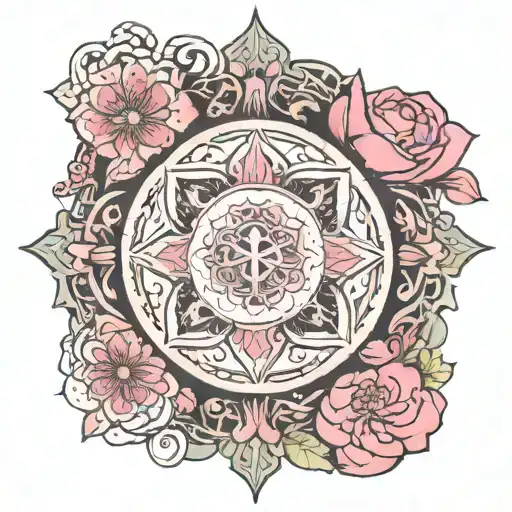 An intricate mandala design incorporating the breast cancer awareness ribbon, representing balance and healing tattoo design idea