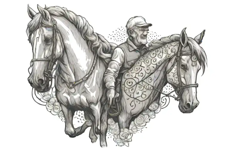 grandad rest in peace with lucky horse shoes and horse riding side by side , grandad and granddaughter holding hands ,  tattoo design idea