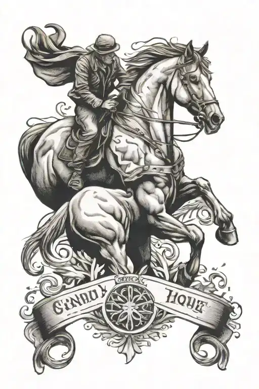 grandad rest in peace with lucky horse shoes and horse riding hand in hand  tattoo design idea