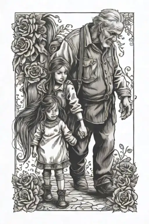 rest in peace with lucky horse shoes and with grandad grandaughter by side , grandad and granddaughter holding hands  tattoo design idea