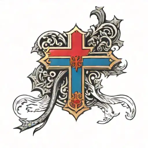 big cross with armenian and iraq flag waving tattoo design idea