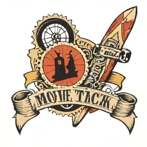 A movie ticket intertwined with gym equipment and surfboards tattoo design idea