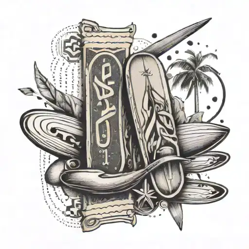 A movie ticket intertwined with gym equipment and surfboards tattoo design idea