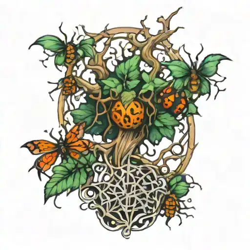 tree of mana with spiders crawling along tattoo design idea
