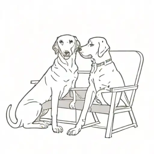 Two brother sitting in chairs looking off in distance with their labrador retriever dogs next to each of them tattoo design idea