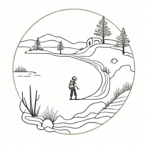 A wanderer walking along a winding path with a roundnet in hand, capturing the essence of exploration and adventure tattoo design idea