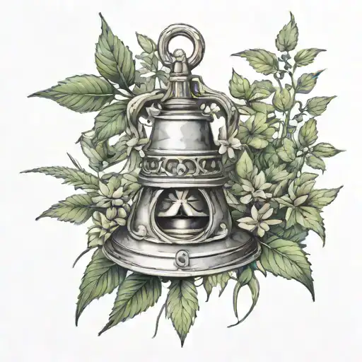 riverside bell with weed plants around it tattoo design idea