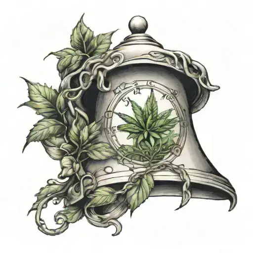 riverside bell with weed plants around it tattoo design idea
