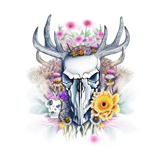 Animal-skull and flowers, deer, mushrooms and vein around horns, bright colours tattoo design idea