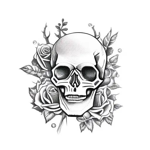 Skull and Roses deer, mushrooms and vein around horns tattoo design idea