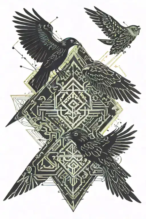 A raven and an owl fight in flight against a rhombus. In the center is the inscription freedom in action tattoo design idea