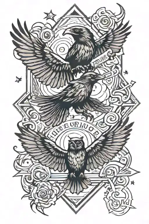 A raven and an owl fight in flight against a rhombus. In the center is the inscription freedom in action tattoo design idea