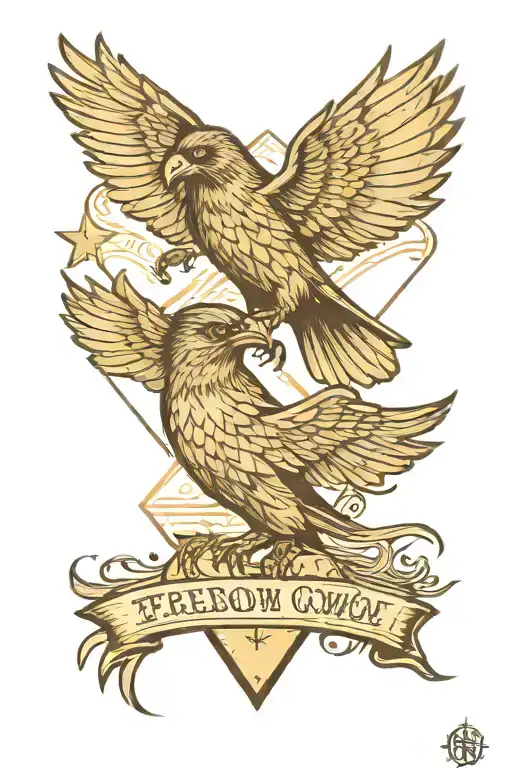 A raven and an owl fight in flight against a rhombus. In the center is the inscription freedom in action tattoo design idea