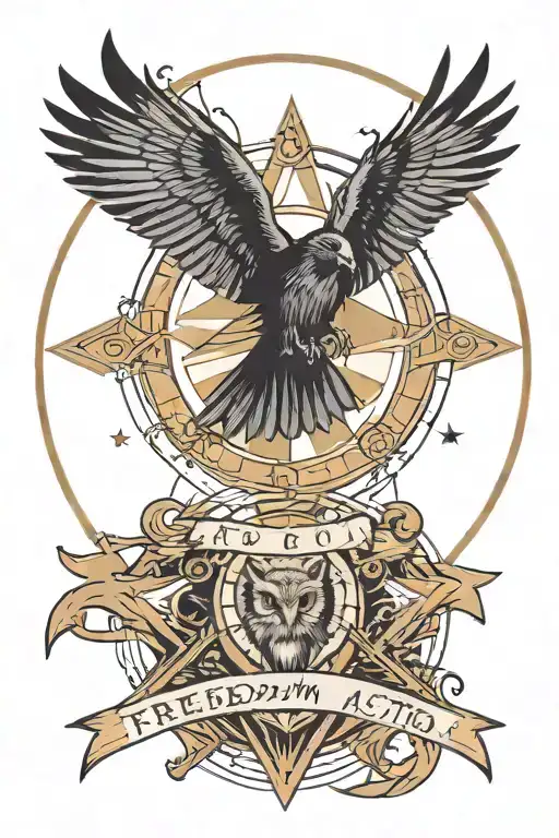 A raven and an owl are fighting against a rhombus moving in a circle. In the center is the inscription freedom in action. tattoo design idea