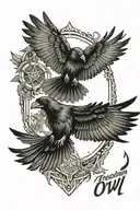 A raven and an owl fight in flight against a rhombus. In the center is the inscription freedom in action tattoo design idea