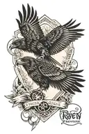 A raven and an owl fight in flight against a rhombus. In the center is the inscription freedom in action tattoo design idea