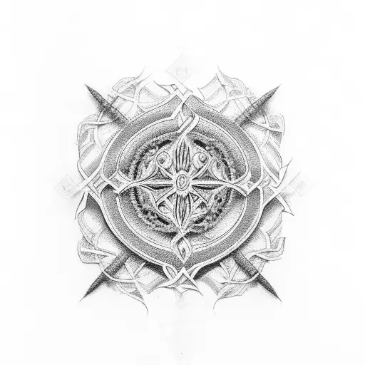 An intricate cross design incorporating biblical verses in a dotwork style tattoo design idea