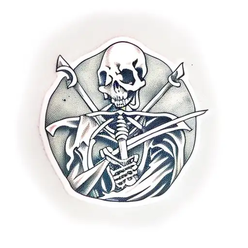 A skeletal Ghostface holding a scythe in a gothic cemetery tattoo design idea