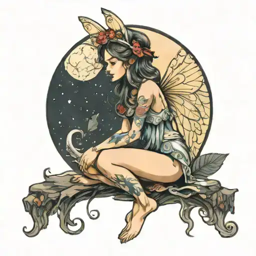 fairy sitting in front of full moon looking at moon.  tattoo design idea
