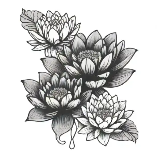 two water lily flowers and a chrysanthemum flower blooming tattoo design idea