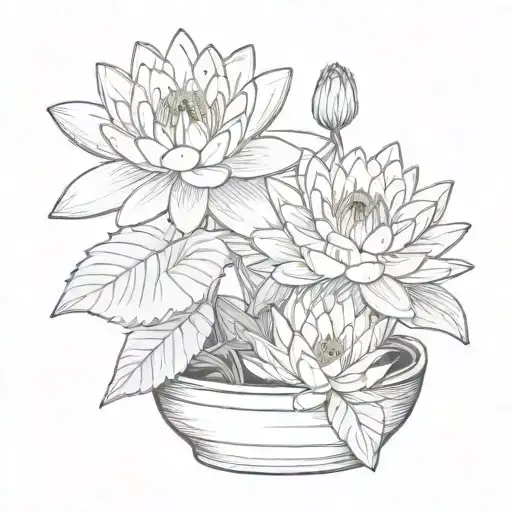 two water lily flowers and a chrysanthemum flower in a small pot tattoo design idea